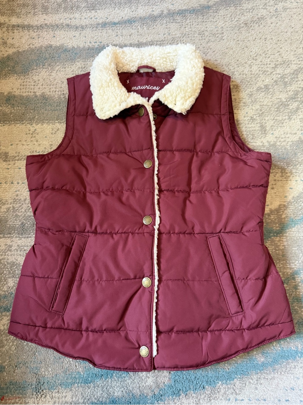 Maurices Size M Burgundy Quilted Vest with Sherpa Collar